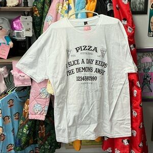 White Graphic Tee with Pizza Print
